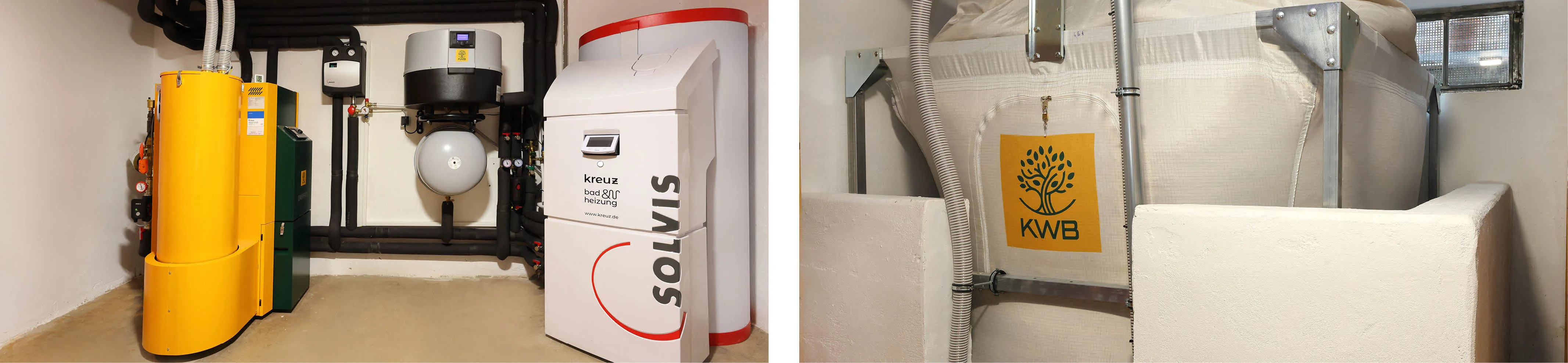 Moderne Heizrauminstallation mit KWB Pelletheizung, Solvis-Pufferspeicher und großem KWB Pellet-Sacksilo in einem Einfamilienhaus.