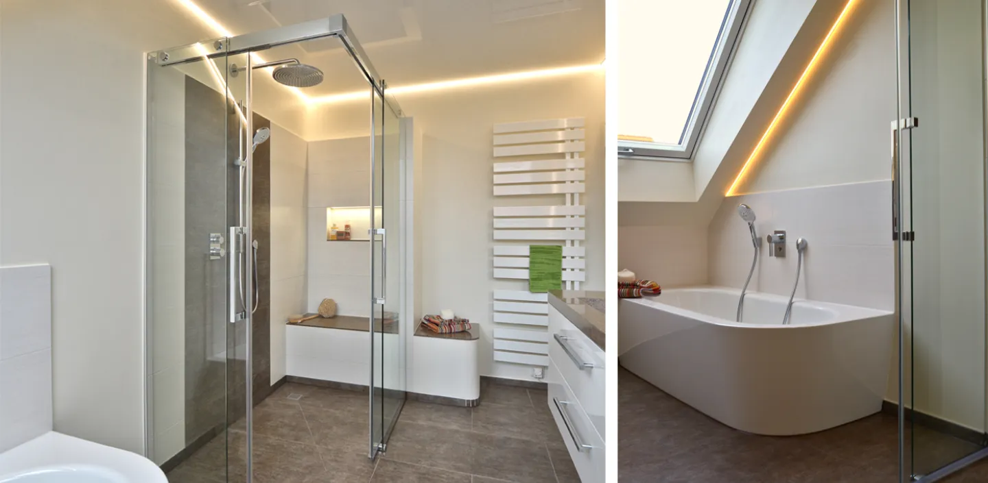 Zwei Bilder aus einem hellen Wohnbad mit Dachschräge, die eine bodengleiche Dusche und eine Badewanne zeigen.