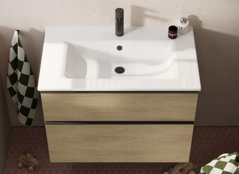 Keramik-Waschtisch Eqio slim mit Unterschrank SHBT082, Front Eiche Klassik.