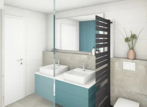 Visualisierung eines modernen Badezimmers mit Doppelwaschtisch, blaugrünen Möbeln, HSK-Heizkörper und WC in harmonischer Farbgestaltung.