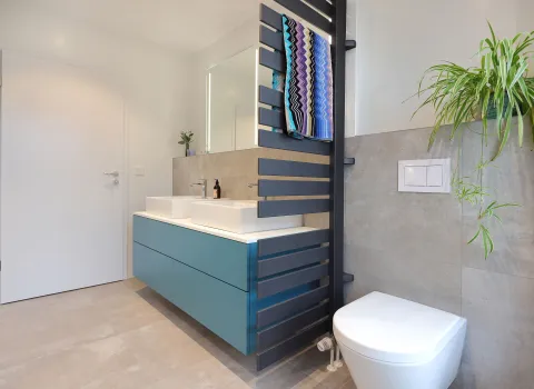 Wandhängendes WC mit grauen Fliesen, HSK-Heizkörper als Raumteiler und Pflanzenakzent in einem modernen Badezimmer.