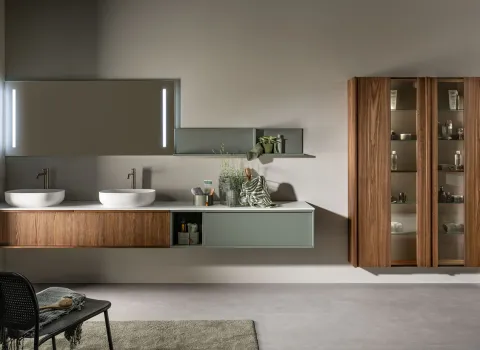 Moderner Doppelwaschtisch mit Holzfronten, Aufsatzbecken, Spiegel und Hochschrank von Stocco.