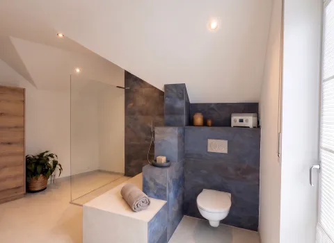 Modernes Badezimmer in Hersbruck mit bodengleicher Dusche, WC und individuell gefliester Trennwand.