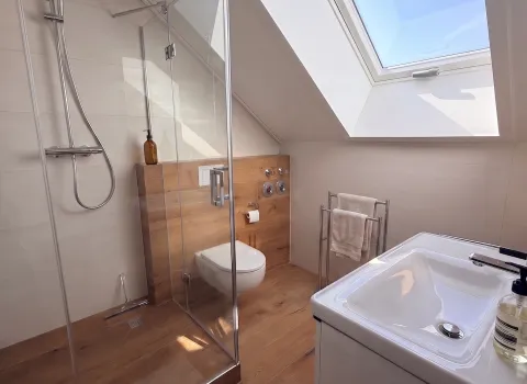 Modernes Badezimmer mit bodengleicher Dusche und Dachfenster in Eckental.