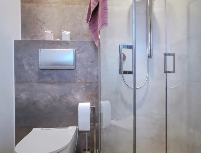 Bild eines Gästebad mit WC und bodengleicher Dusche.