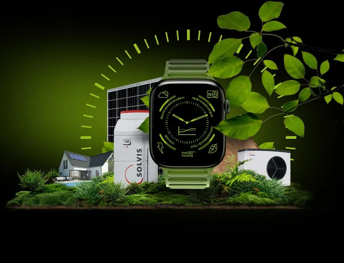 Bild von einer Smart Watch und SolvisMax in grünem Design.