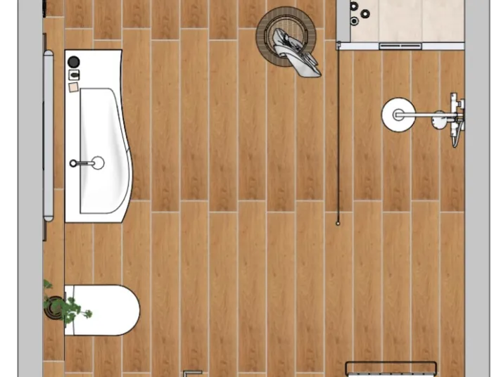 Grundriss des Badezimmers mit Waschtisch, wandhängendem WC und bodengleicher Dusche mit Sitzbank in Holzoptik.