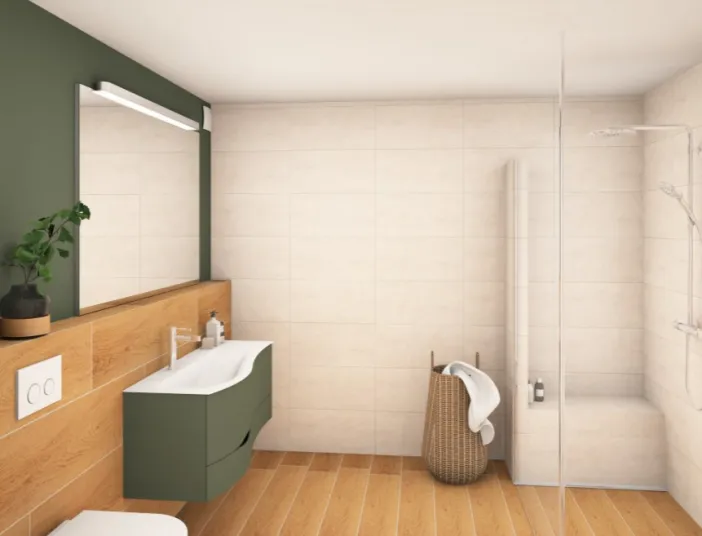 3D-Visualisierung eines modernen Badezimmers mit Holzoptikboden, grünem Waschtisch und heller Dusche mit Glasabtrennung.